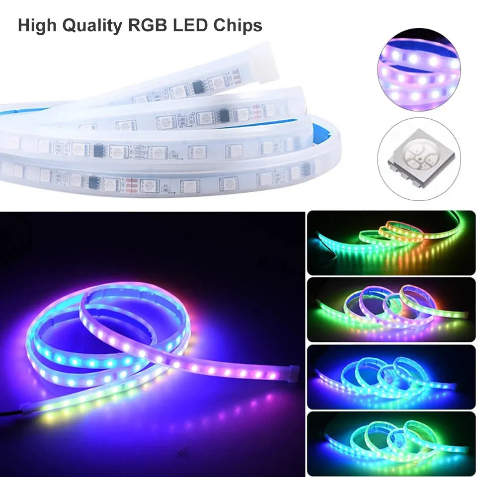 Flexible PVC LED light strip for installing on General Motors car engine covers, showing different colour options.