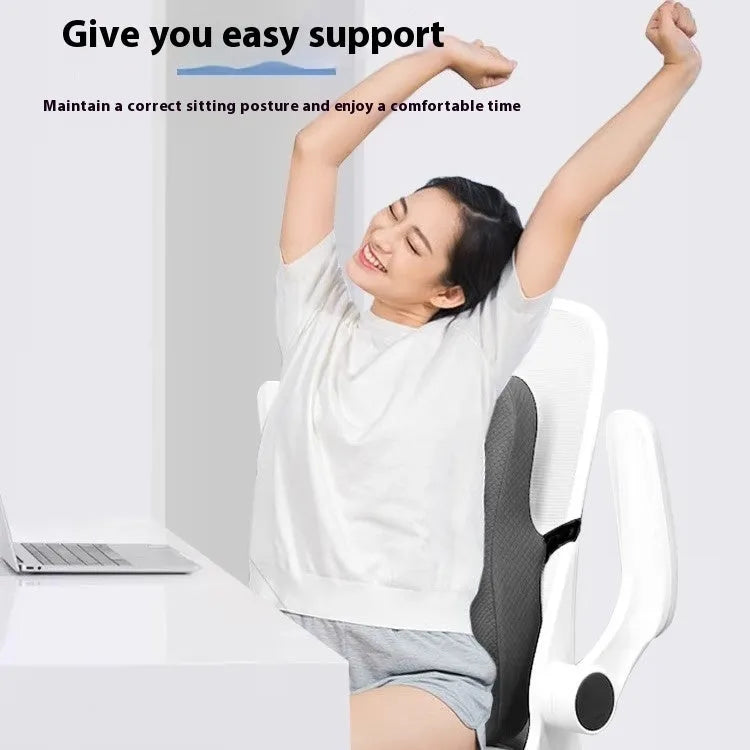 Grey lumbar support cushion for office chair, measuring 40cm by 40cm by 8cm.