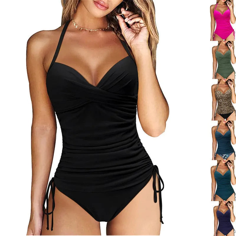 Women's two-piece high waist swimwear in nylon available in black, army green, leopard print, and green leaves