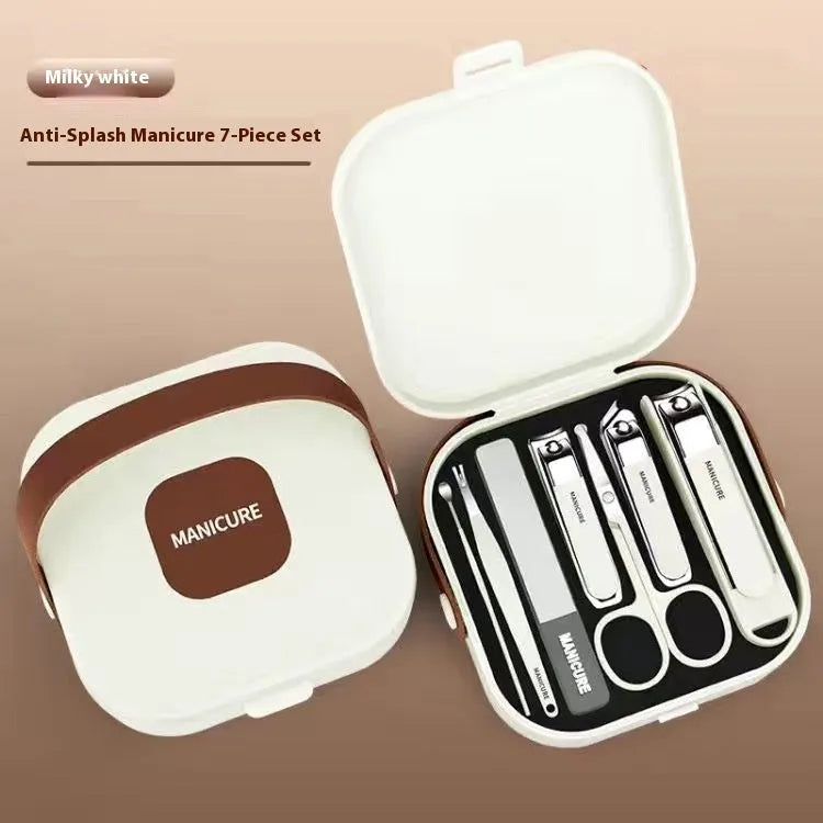 Anti-splash portable fingernail maintenance kit with stainless steel manicure tools in brown colour