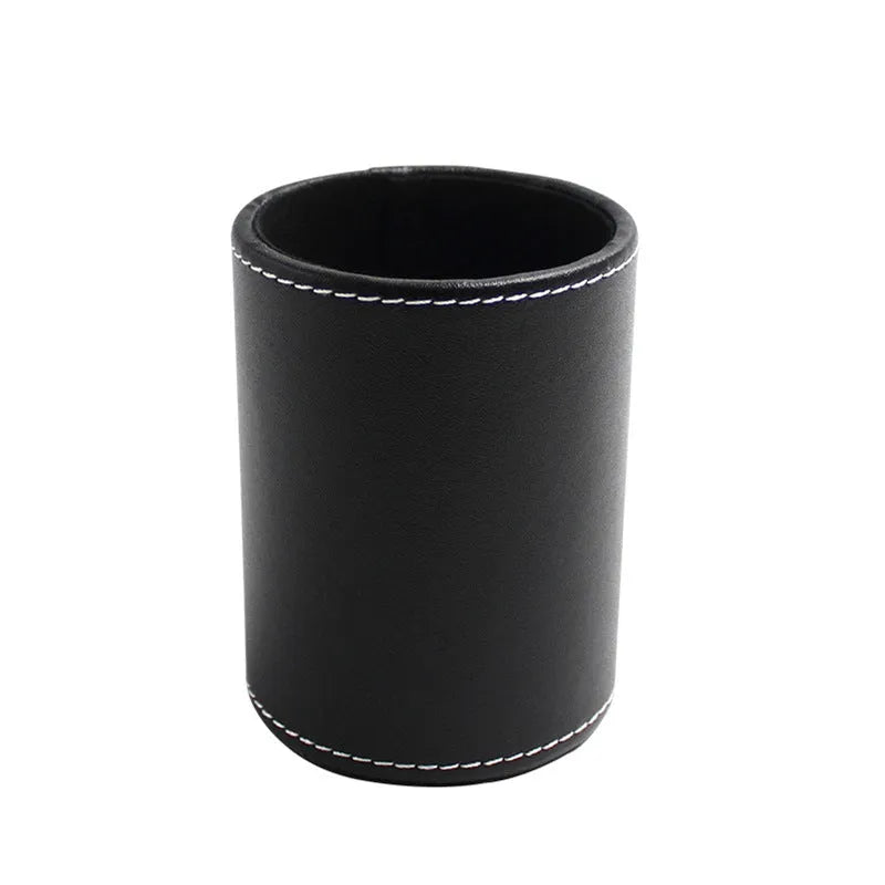 Round black leather pen holder container showing 8.0cm diameter and 10.8cm height dimensions