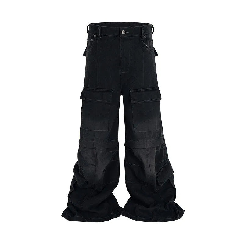 Detachable washed-out cotton overalls in black or blue with multi-pocket design