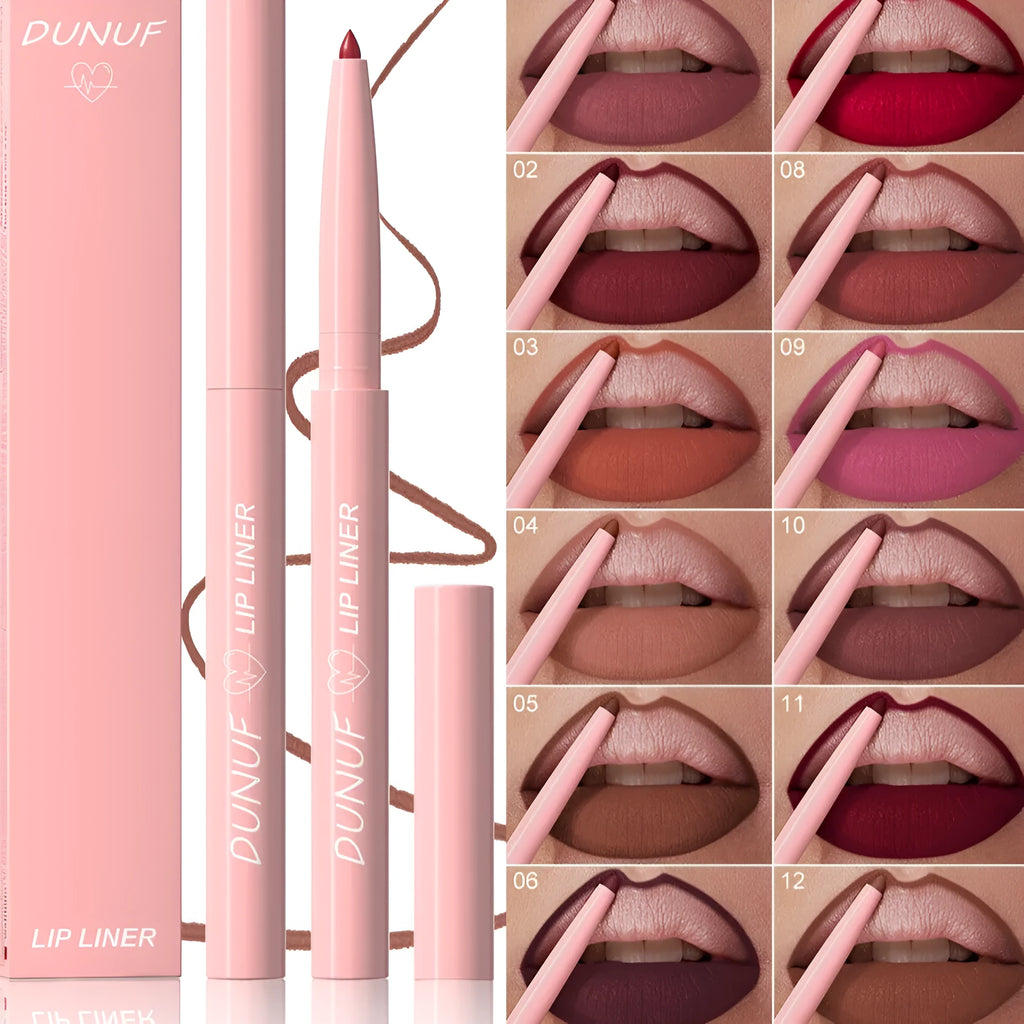 Velvet matte lip liner pencil in 12 different colour shades for easy, precise application.