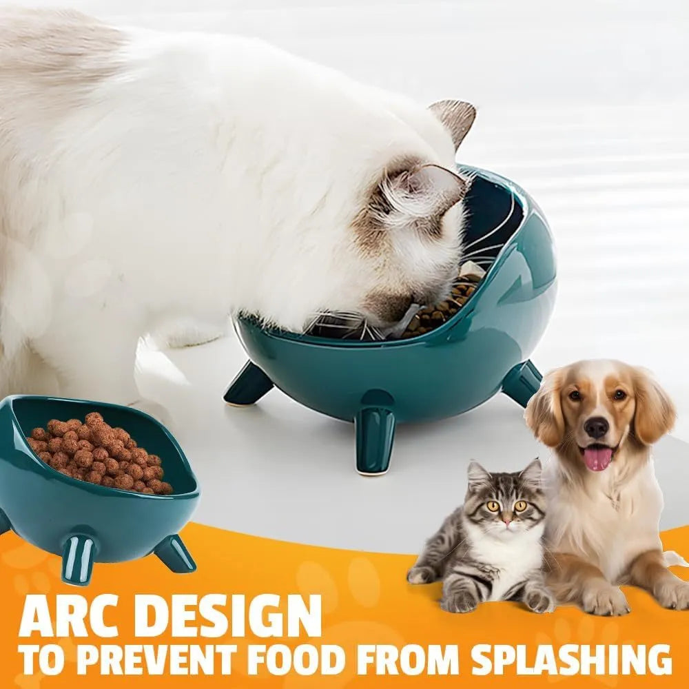 Green ceramic pet food bowl with four stabilising legs and wide opening