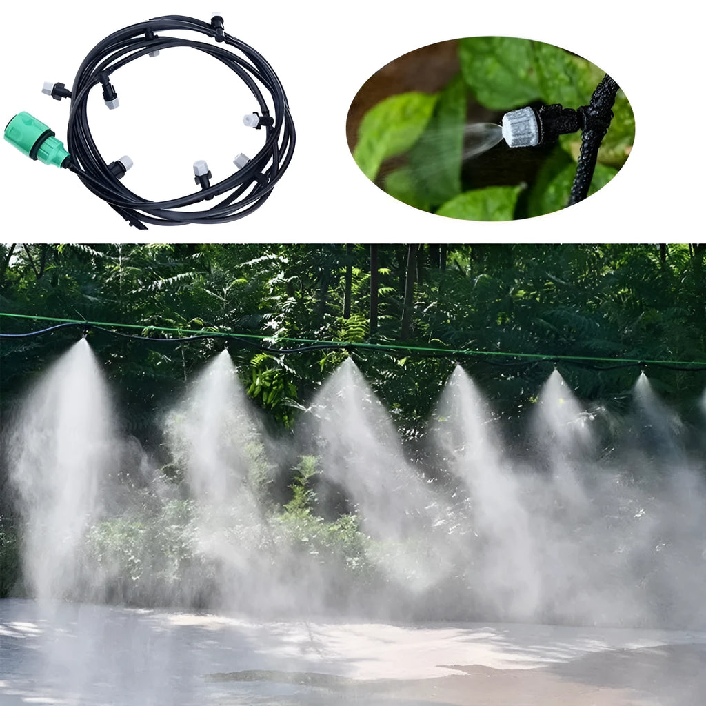 PE garden irrigation hose 10m with 10 micro spray units lying on green grass