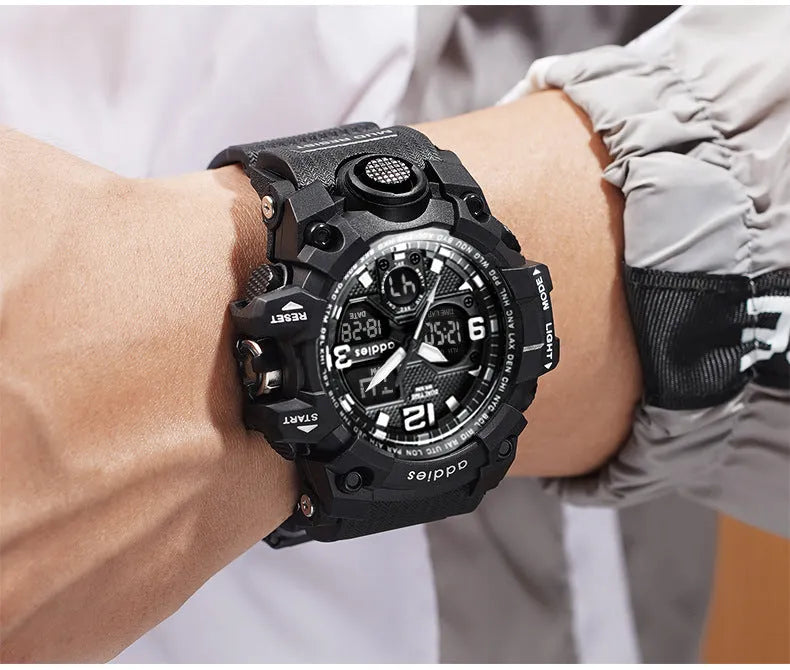 Men's black and red dual display electronic sports watch with plastic case and strap, showing analogue hands and digital screen.
