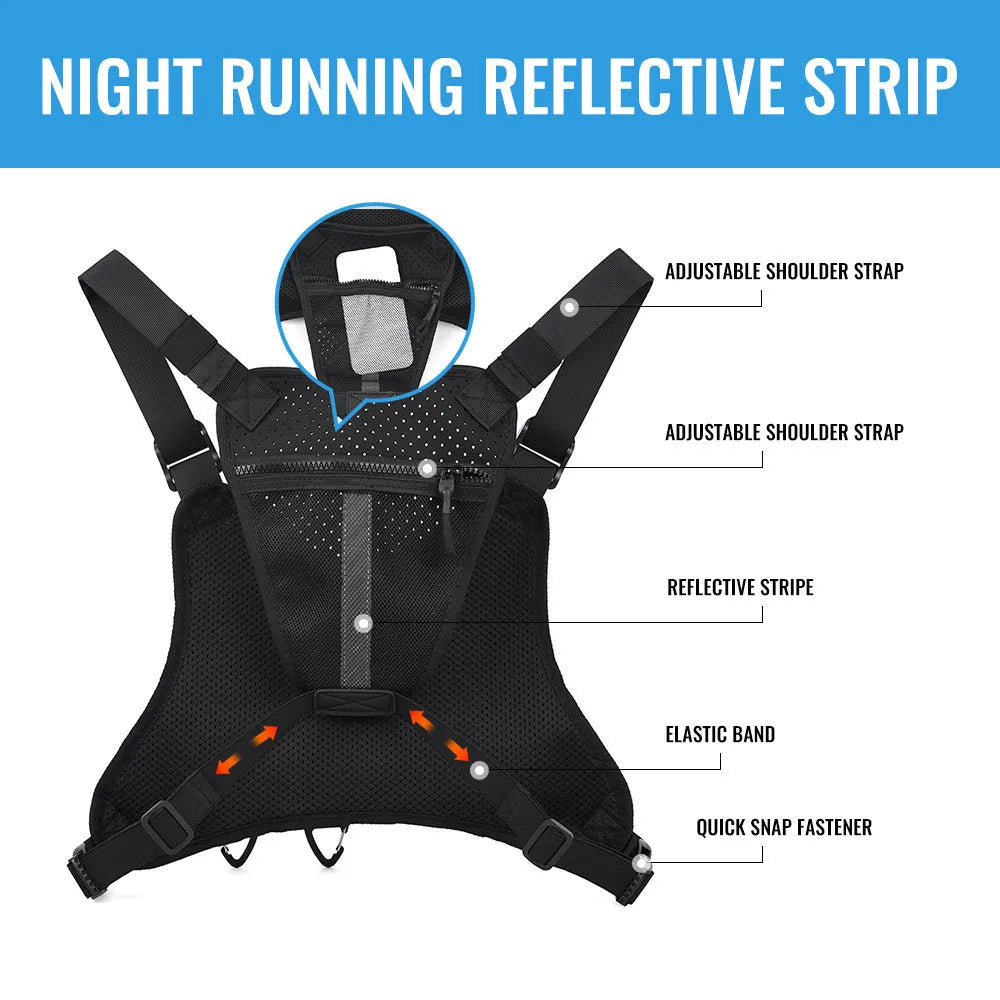 Men's black outdoor sports chest bag in a vest style, made from Oxford cloth.