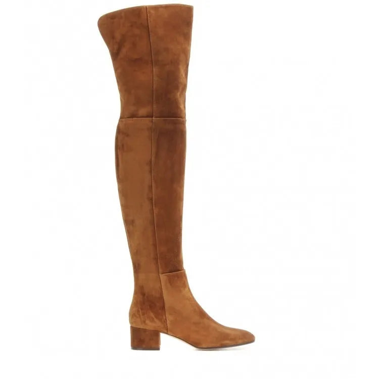 Grey women's suede flat over-the-knee boots with a pointed toe and low thick heel on a neutral background.