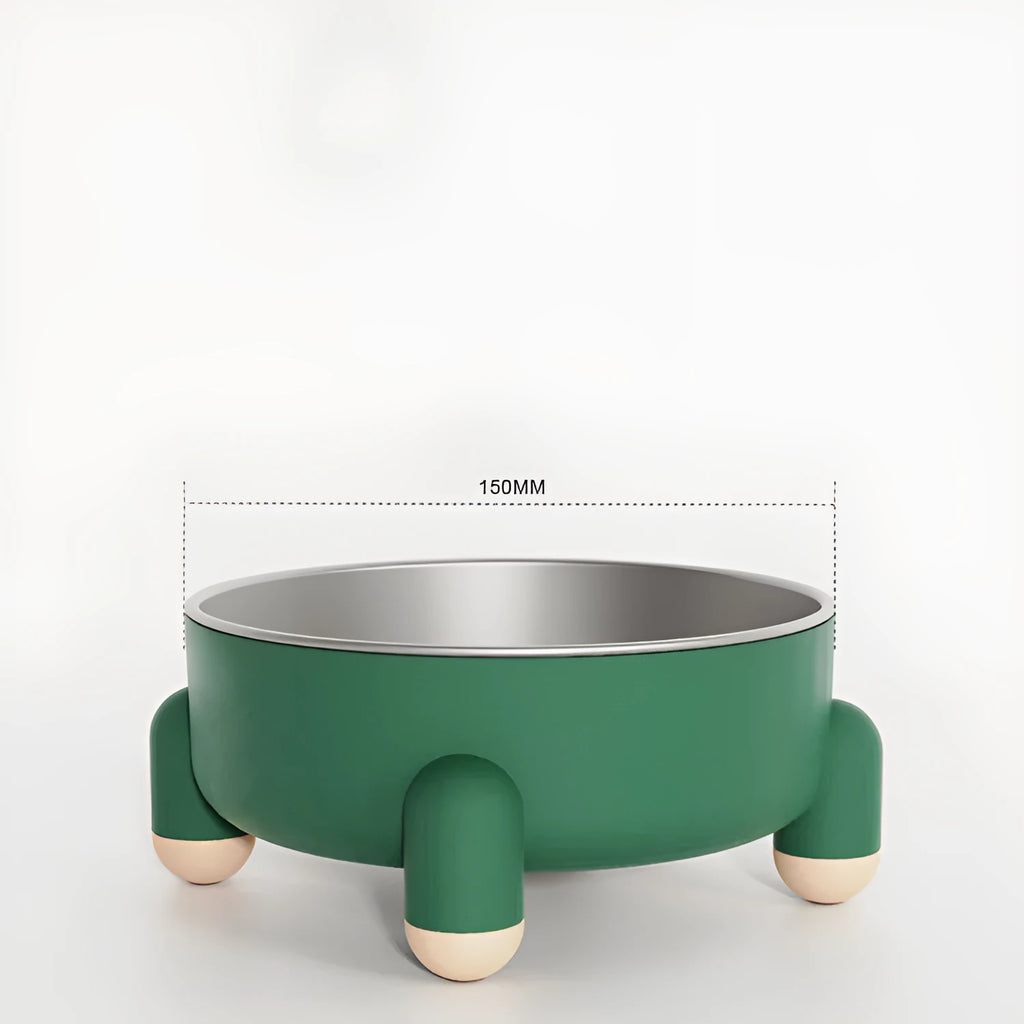 Green stainless steel pet bowl with non-slip base and raised feet for dogs and cats.