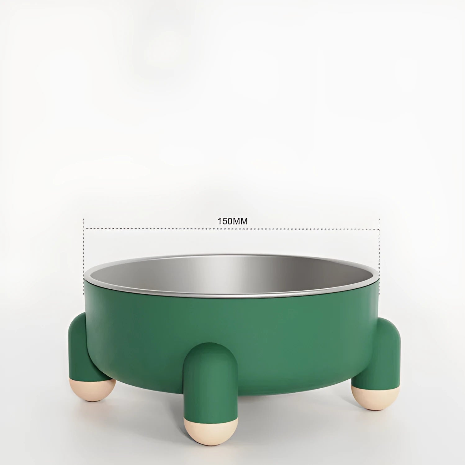 Green stainless steel pet bowl with non-slip base and raised feet for dogs and cats.