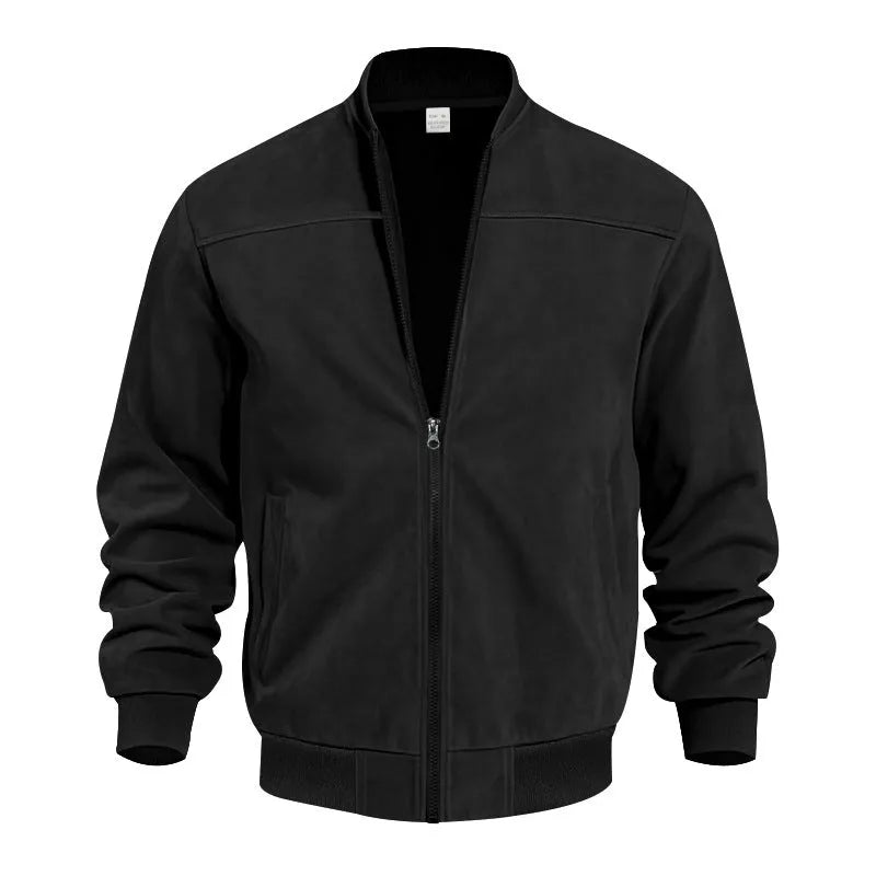 Men's plus size suede jacket with zip in army green colour showing front view.