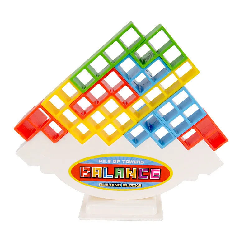 Plastic balance stacking game with 16 colourful building blocks, chassis and base on table
