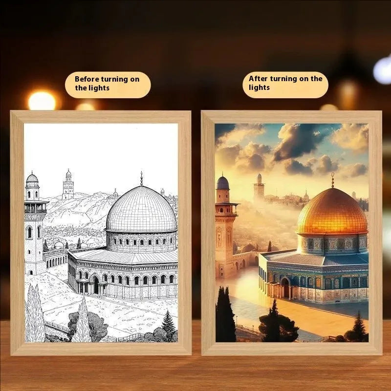 A4 LED light painting photo frame with modern rectangular design and themed artwork options