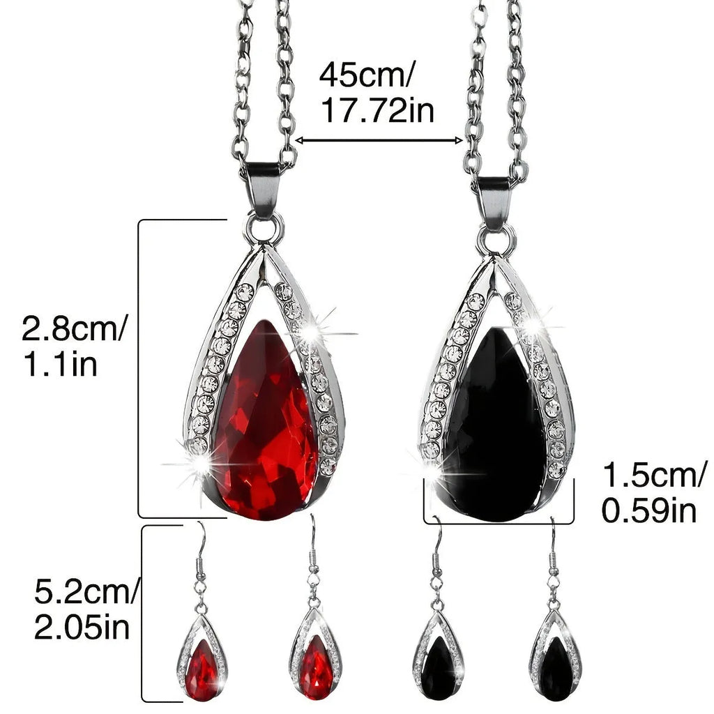 Teardrop glass pendant necklace and matching earrings set in black or red colour