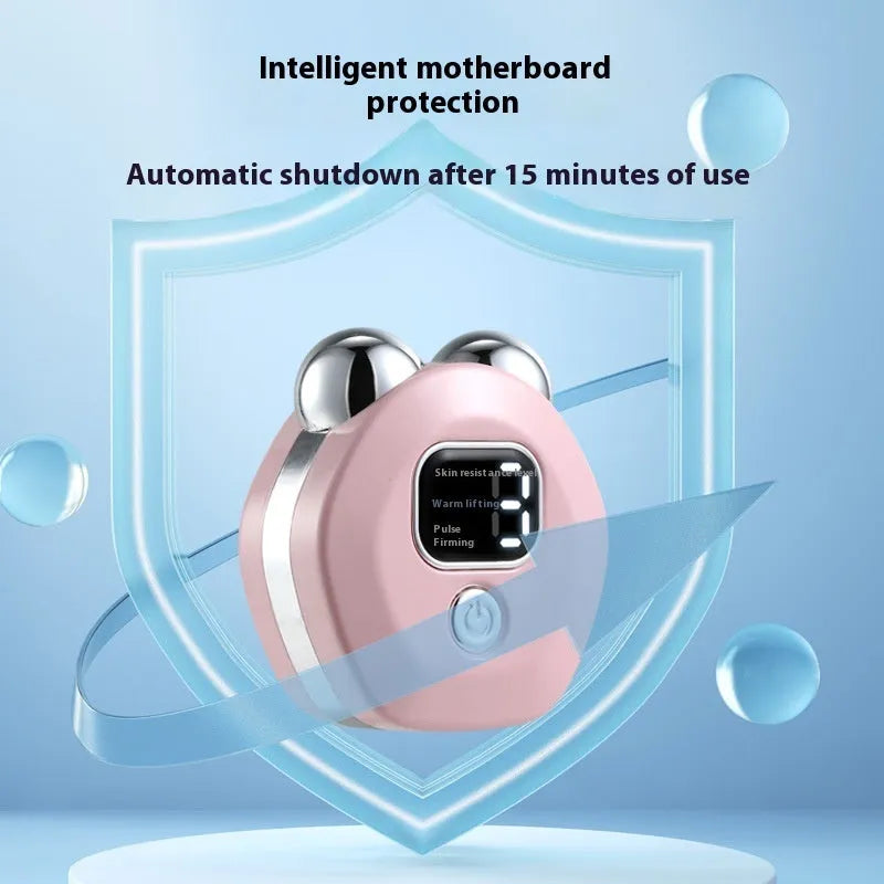 Portable white hot compress micro current facial massage instrument with dual rollers on a pink background.