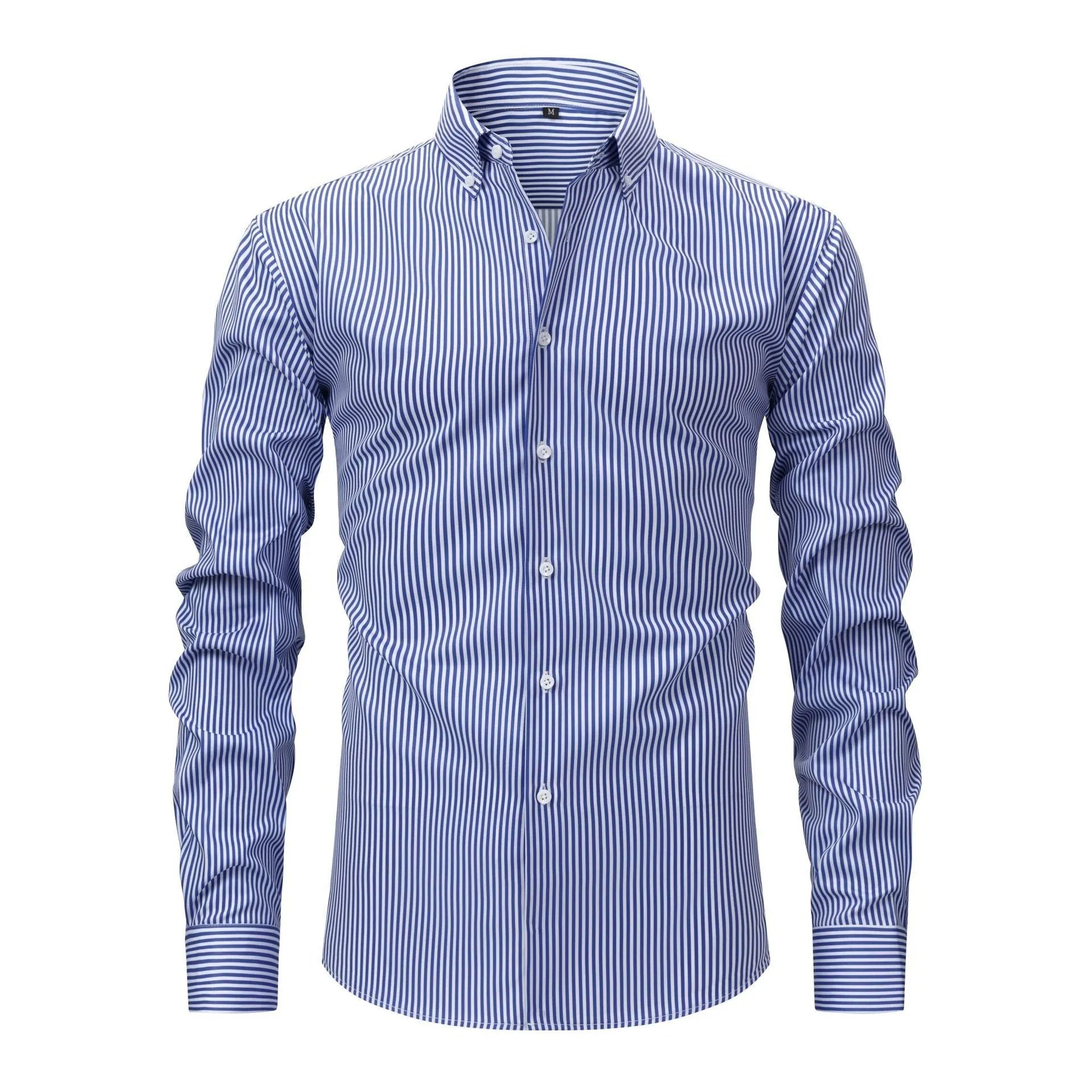 Man wearing a blue and white striped non-ironing long-sleeved business shirt with a lapel collar.