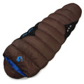 Cotton sleeping bag compressed in storage bag beside expanded sleeping bag showing 230cm length