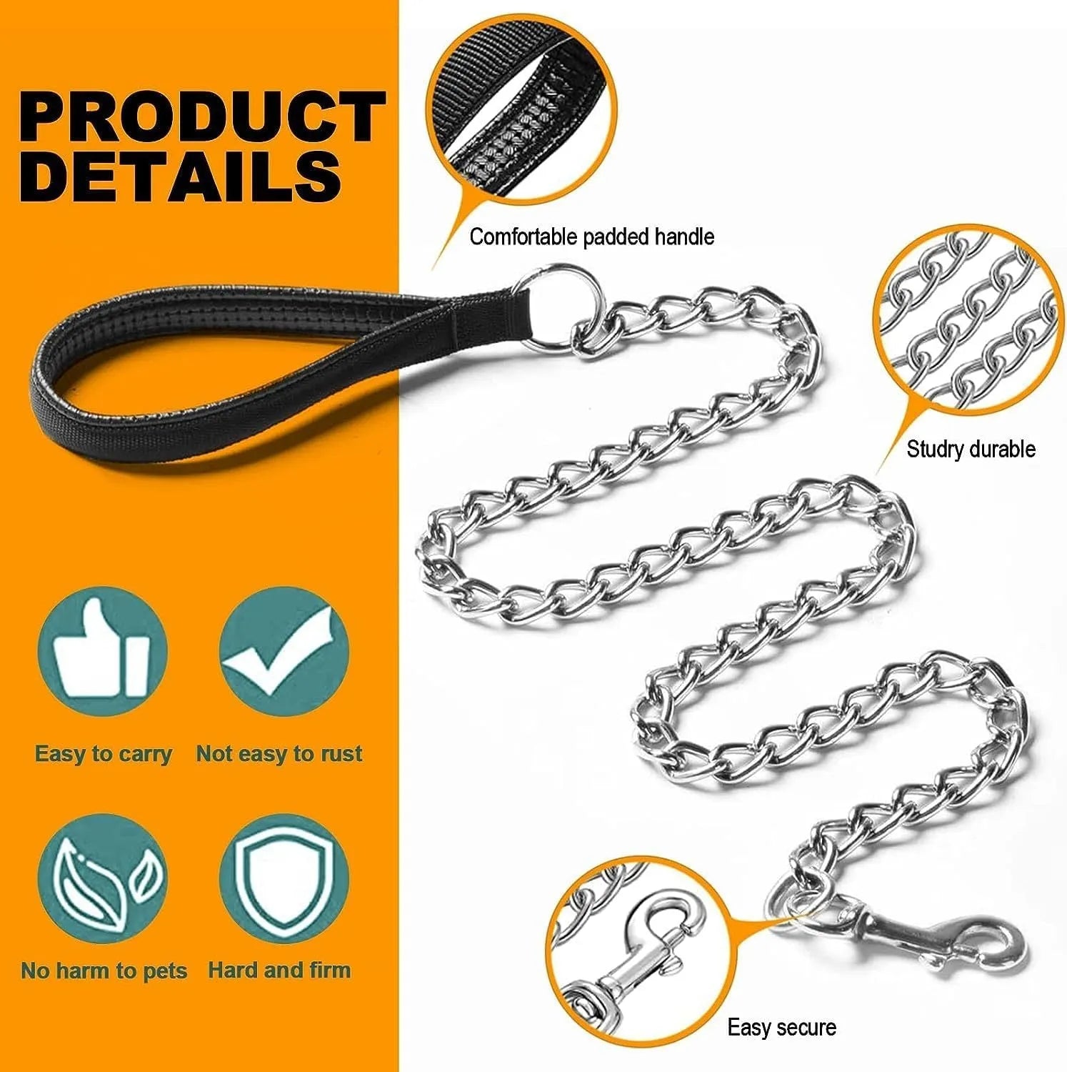 Heavy duty metal dog chain leash with a soft black padded handle, shown in red colour.