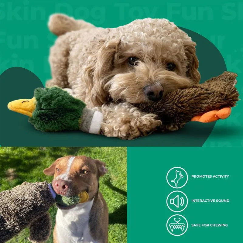 Green plush duck dog toy with stuffless design, squeakers in head and tail, cavity for bottle insertion