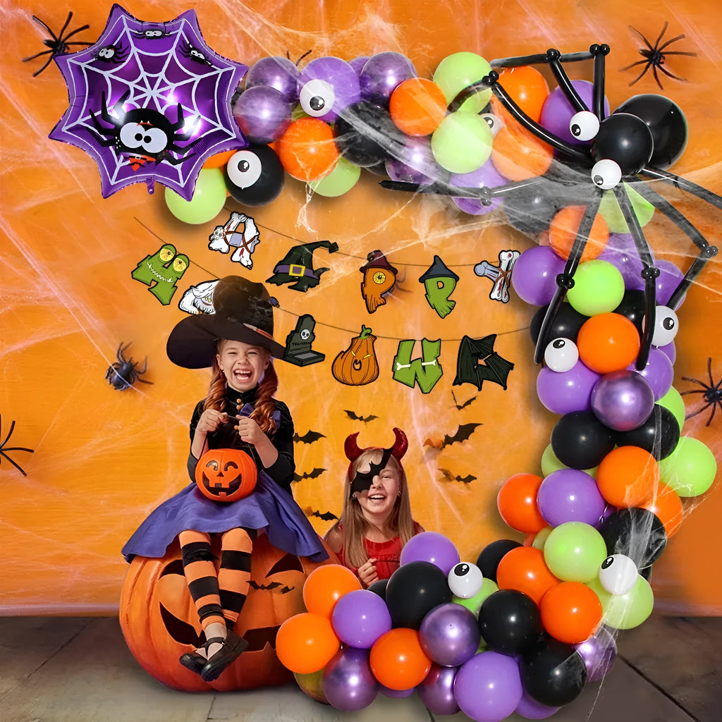 Halloween balloon decoration kit with spider arch, skull and pumpkin designs in white and black colours
