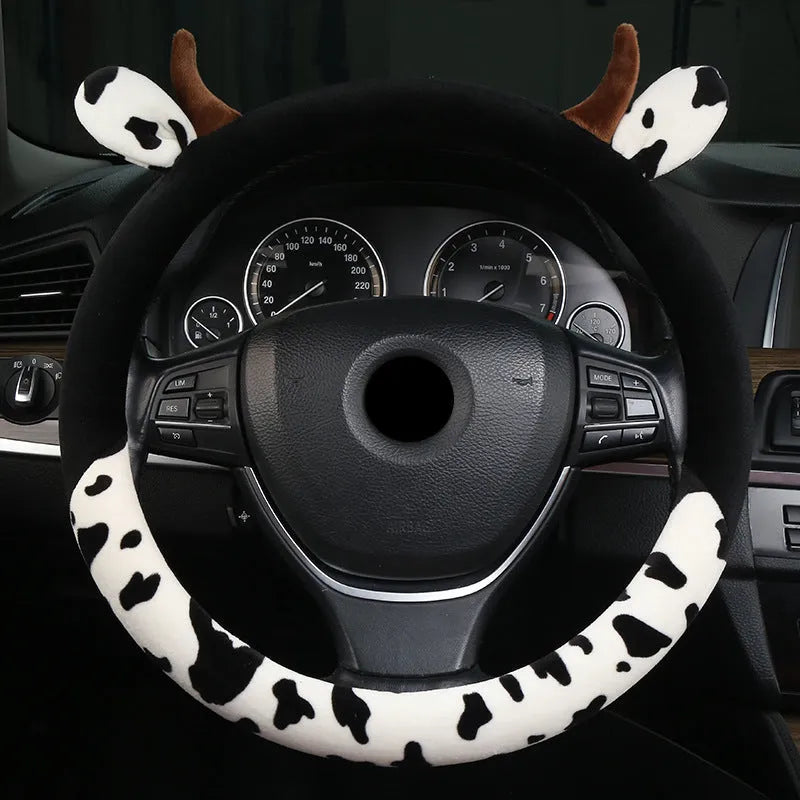 Short plush steering wheel cover in black or coffee colour with protective handle