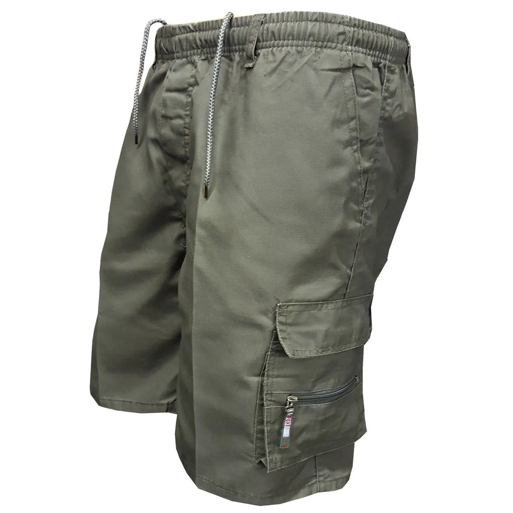 Man wearing khaki loose-fit cotton shorts with a drawstring waist and multiple pockets.