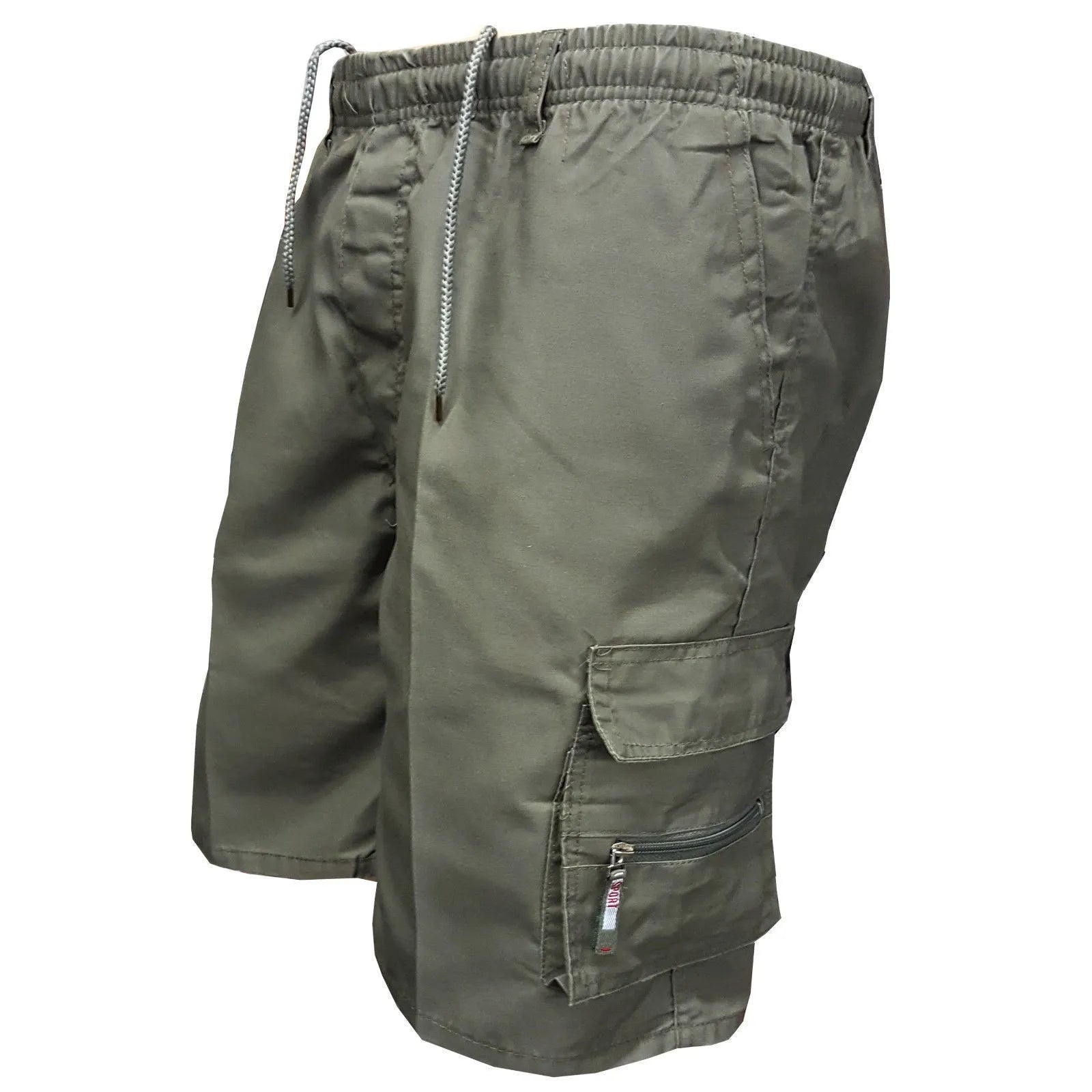 Man wearing khaki loose-fit cotton shorts with a drawstring waist and multiple pockets.