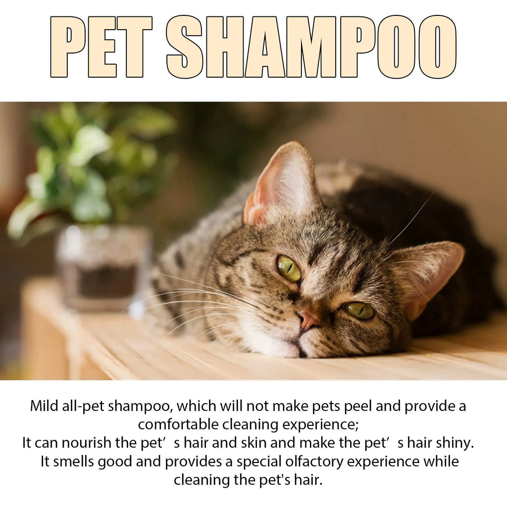 Bottle of mild pet shampoo for dogs and cats, available in 100ml and 300ml sizes.