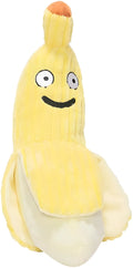 Yellow banana shaped plush cat toy with crinkle sound paper inside.