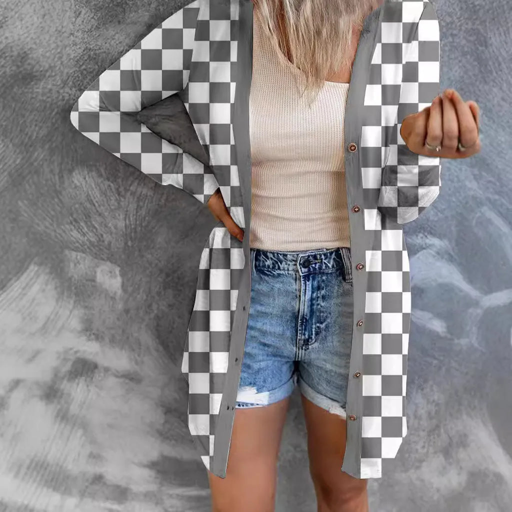 Women's long plaid knitted cardigan coat in street fashion style with loose fit