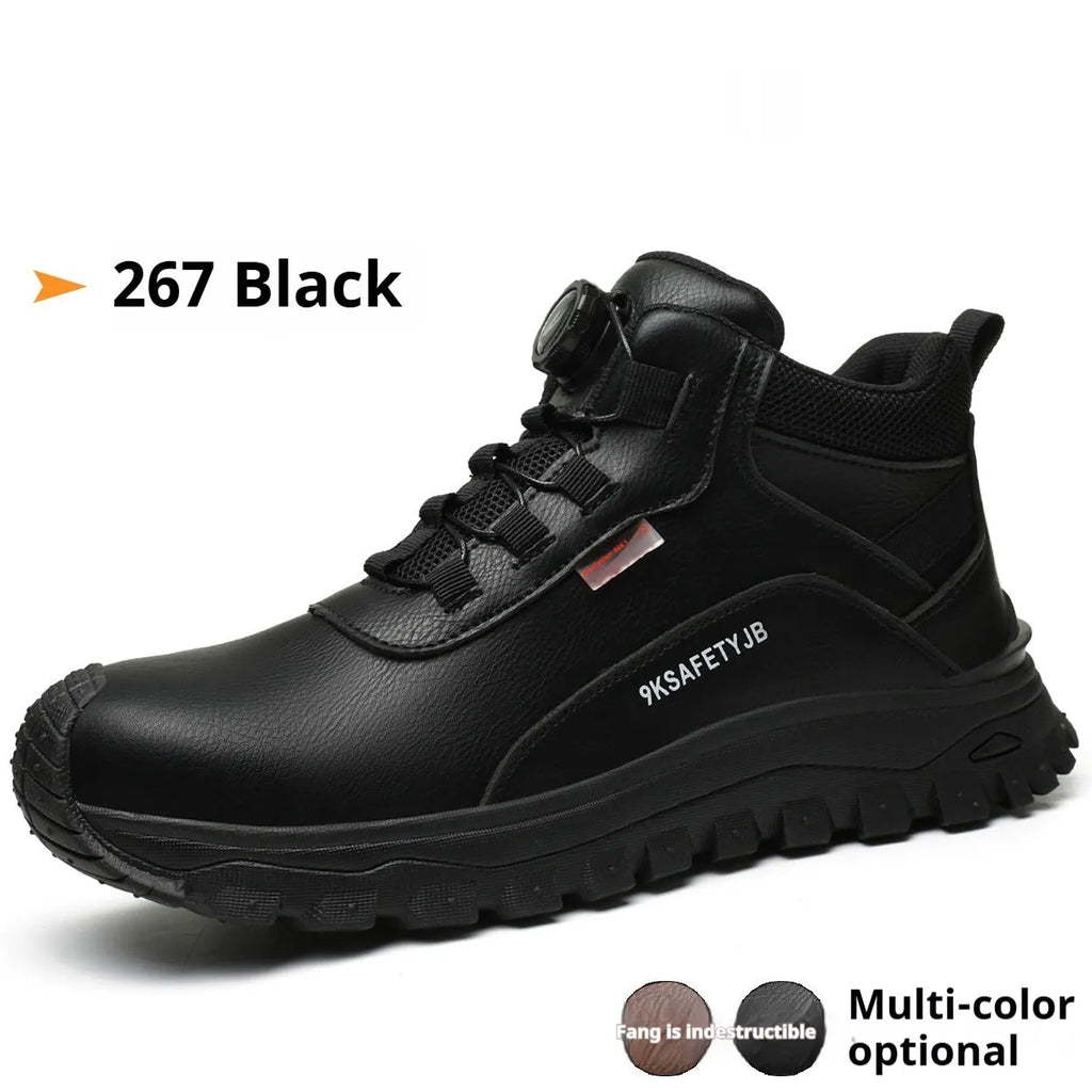 Leather upper work shoes with rubber sole and flyknit detailing, shown in available colours.