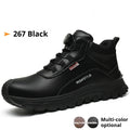 Leather upper work shoes with rubber sole and flyknit detailing, shown in available colours.