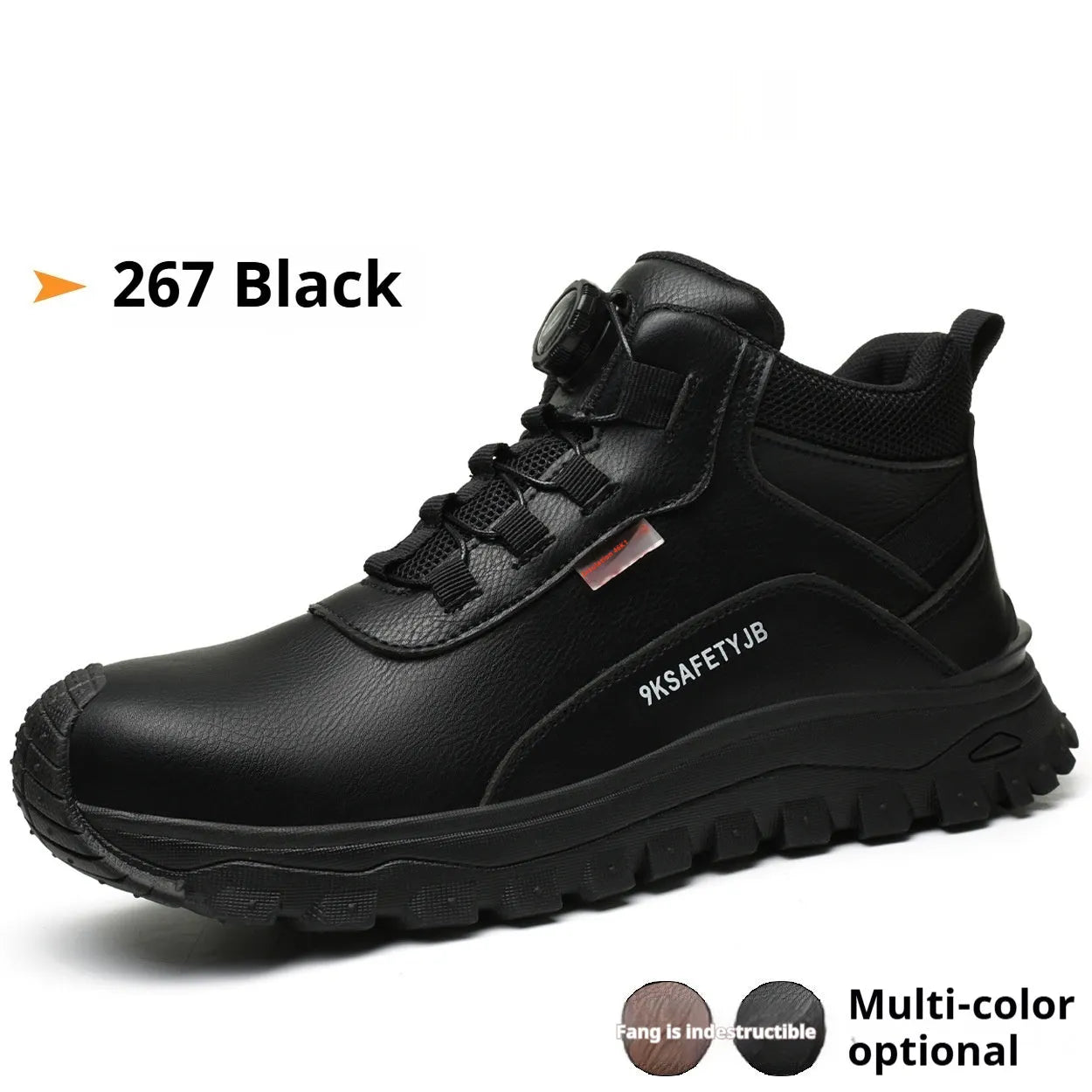 Leather upper work shoes with rubber sole and flyknit detailing, shown in available colours.