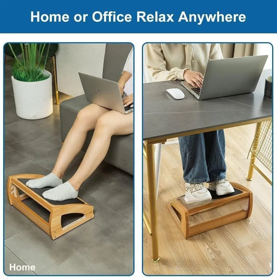 Wooden bamboo office desk footstool with minimalist design in natural wood colour.