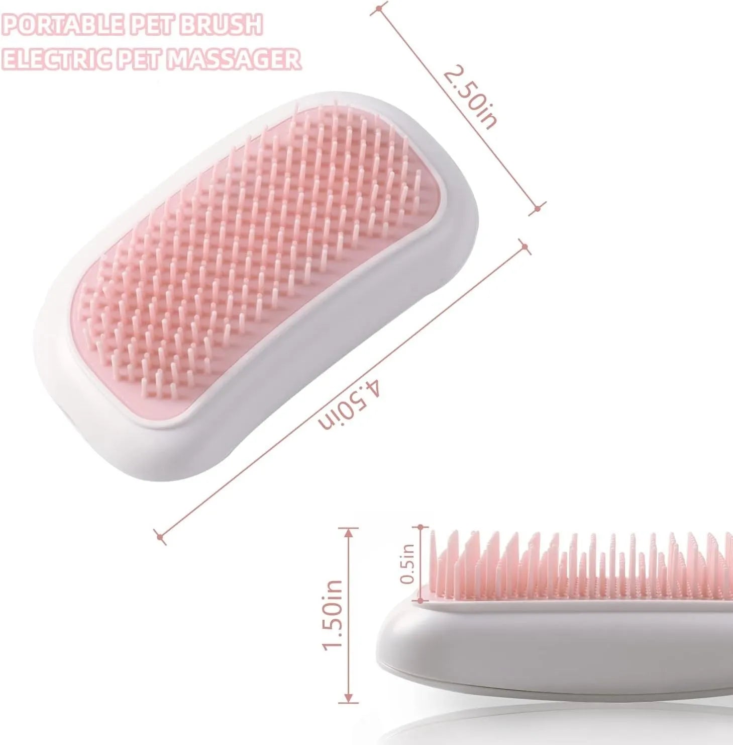 Light pink handheld electric pet massage brush with soft TPE teeth on a white background.