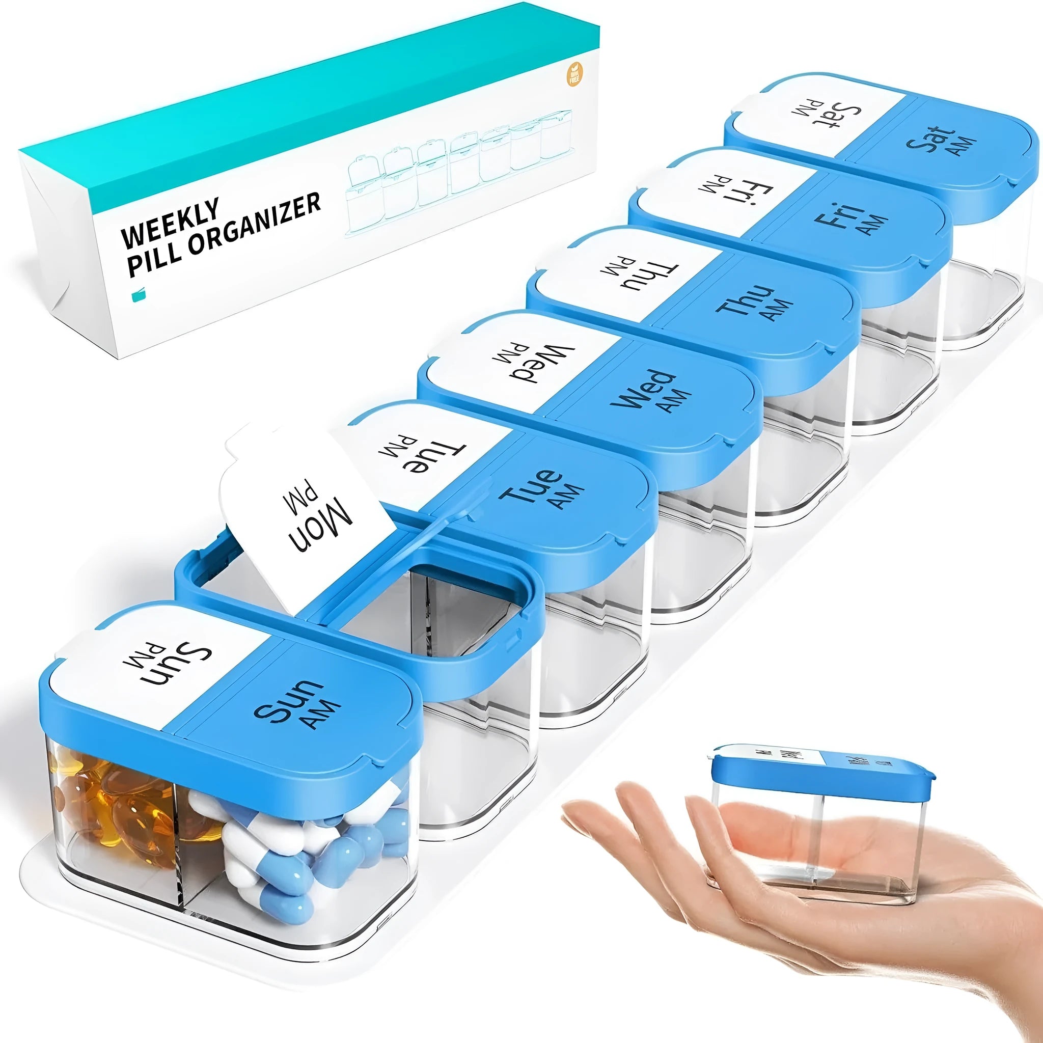 Large white and rainbow coloured pill organiser box with 14 detachable compartments showing its size.