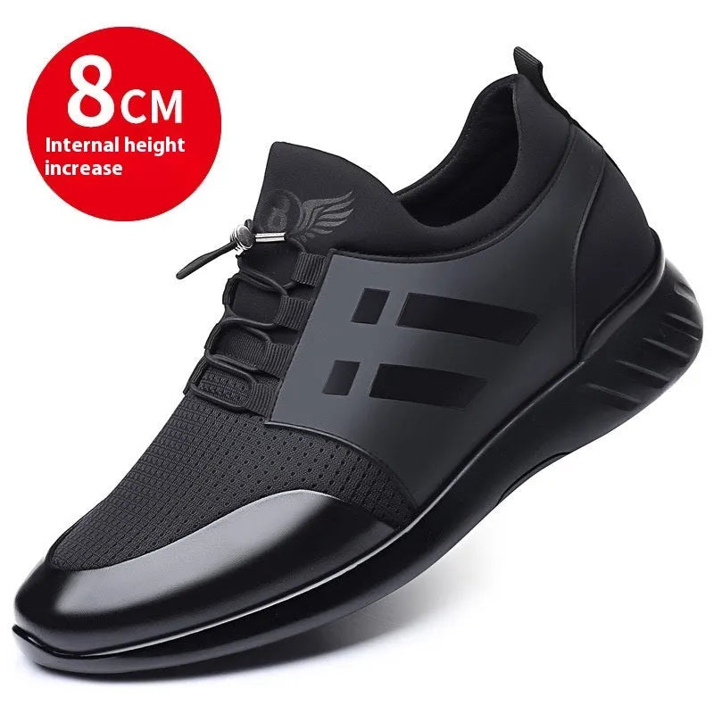 Men's black casual height increasing shoes with chunky rubber sole, shown in leather, Lycra, and mesh upper options.