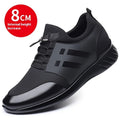 Men's black casual height increasing shoes with chunky rubber sole, shown in leather, Lycra, and mesh upper options.