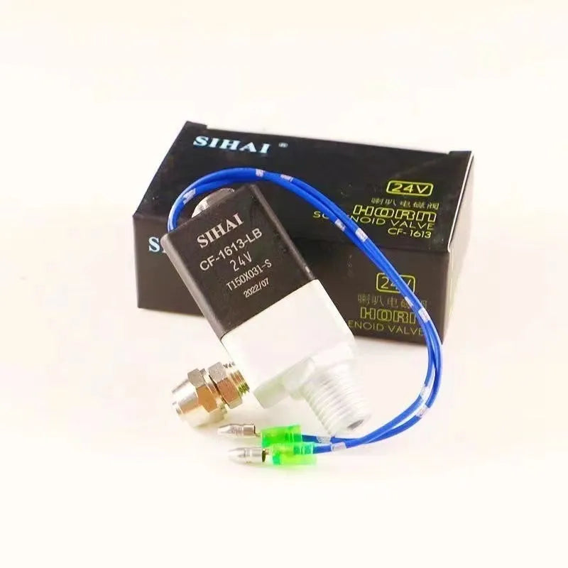 Black 12V 24V 300DB dual trumpet air horn and compressor kit for vehicles.