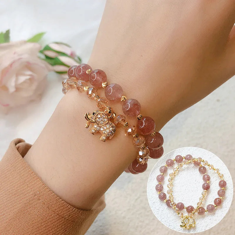 Retro women's bracelet with colour hair crystal and strawberry quartz beads in ethnic style