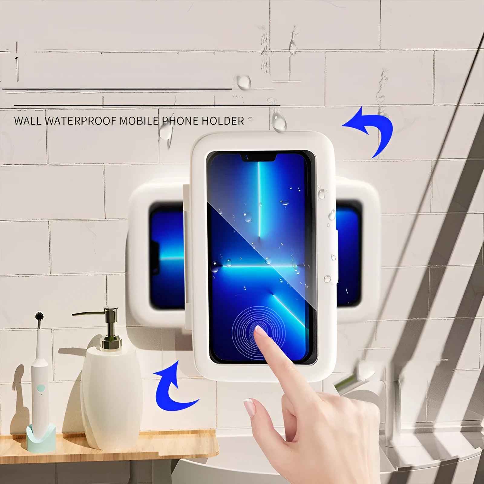 Waterproof phone holder mounted on bathroom tile showing phone inside with touch screen access