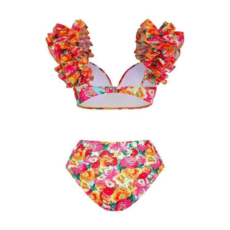 Women's floral print high-waisted push-up bikini set with separate skirt on a white background.