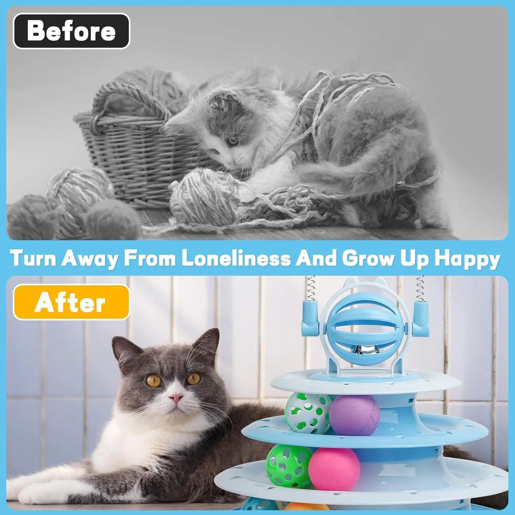 Blue 4-tier interactive cat puzzle toy with balls and teasing rods