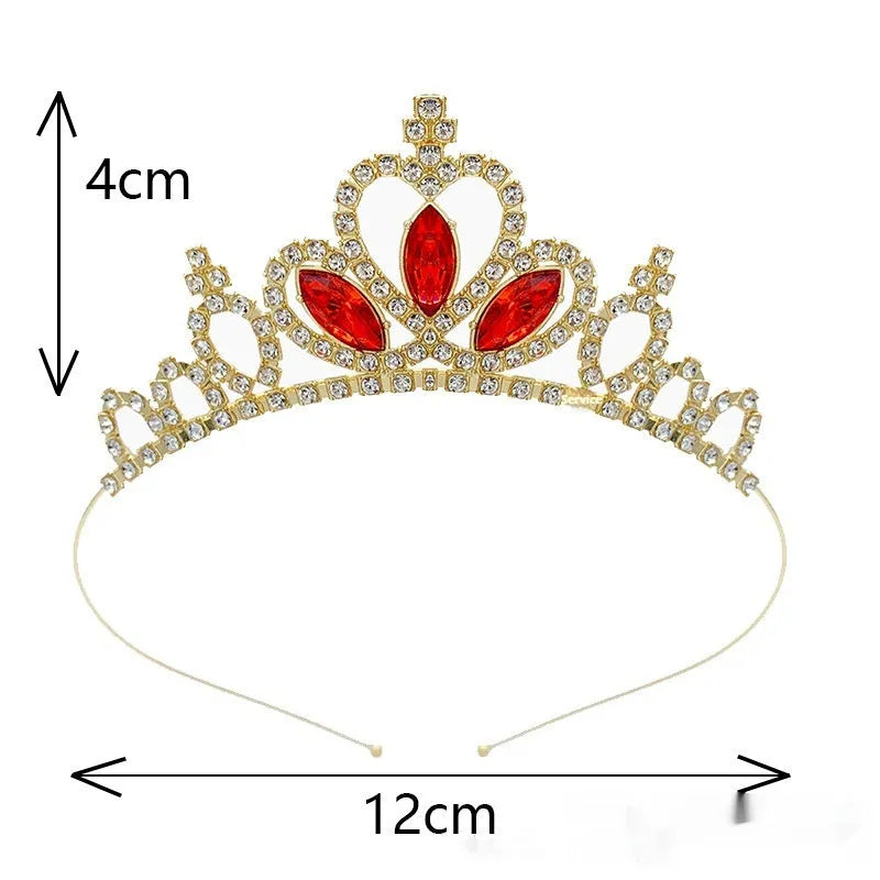 Gold alloy princess crown headdress with red diamond coloured stones for girls birthday party