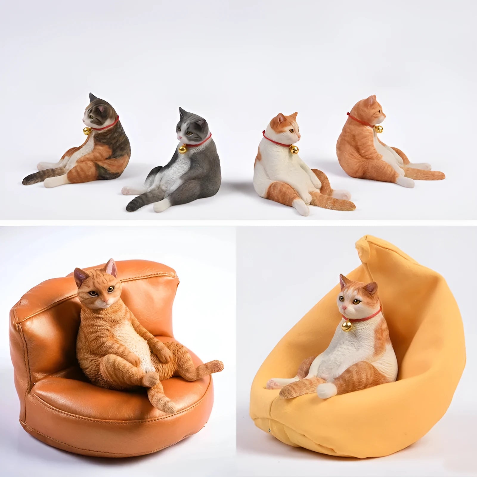 Lazy cat ornament with miniature sofa on car dashboard - 7.5cm resin decoration