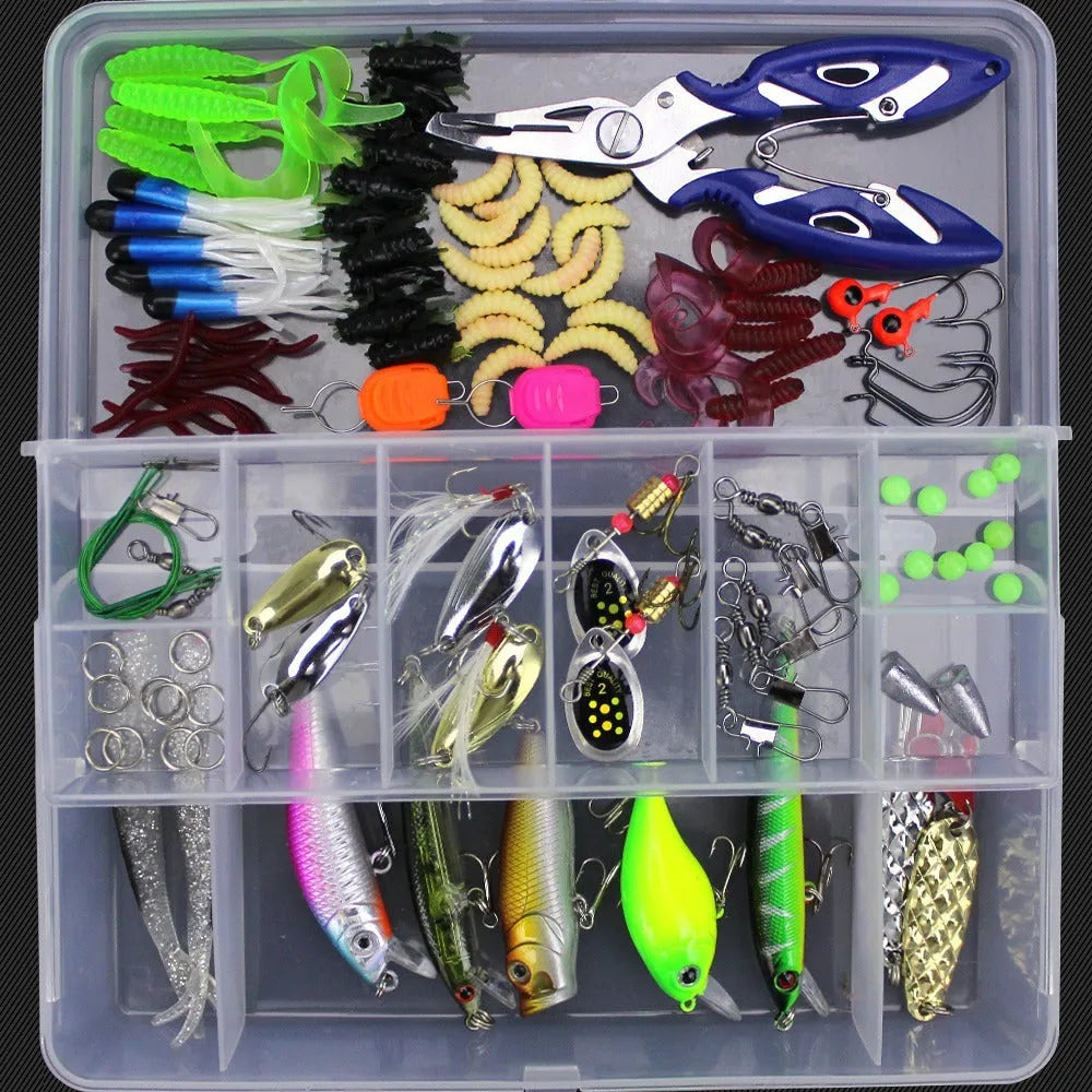 Fishing lure suit in PP plastic tackle box containing colour thread and thunder frog lures