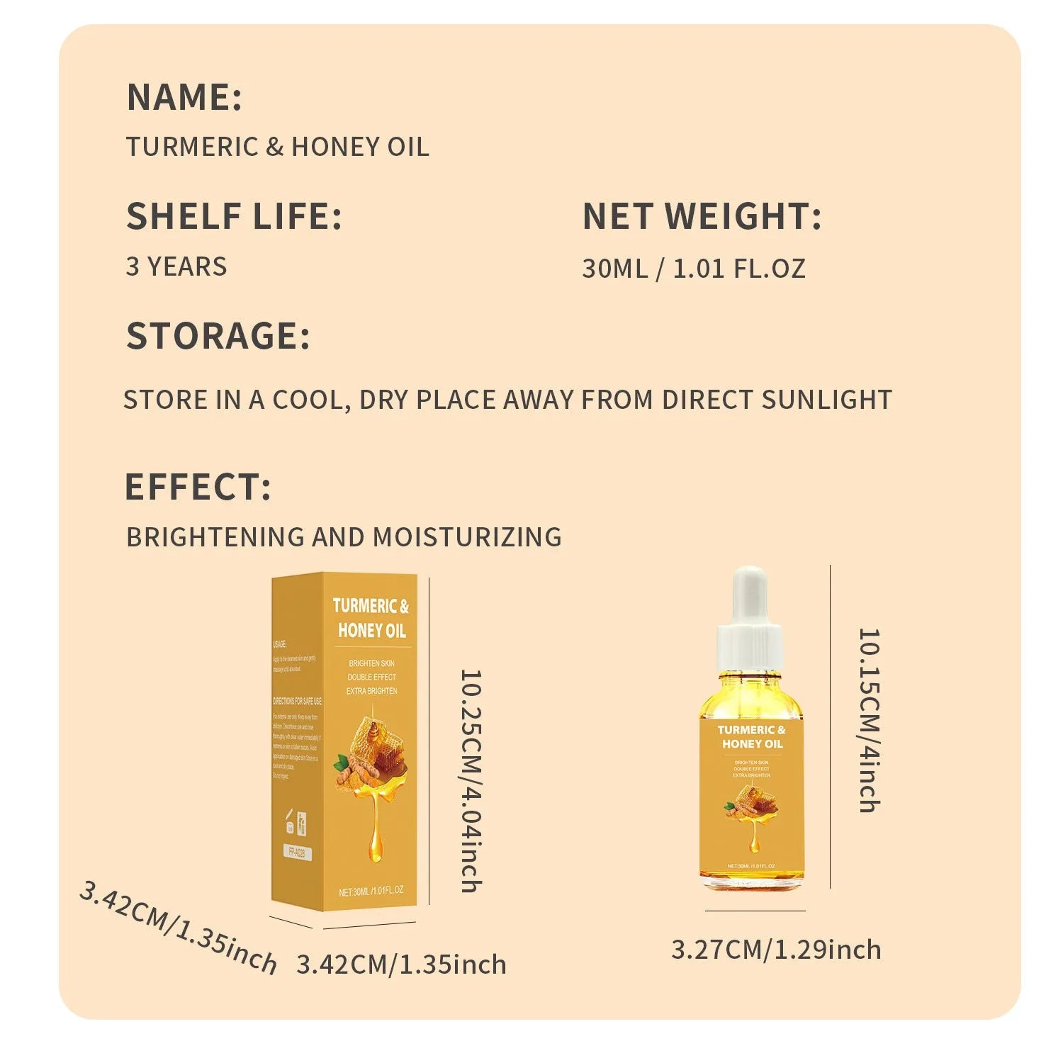 30ml turmeric honey essential oil in amber glass bottle with dropper for facial beauty applications