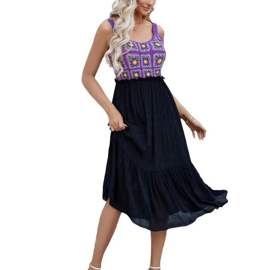 Purple sleeveless dress with hand-hooked floral stitching on cotton blend fabric