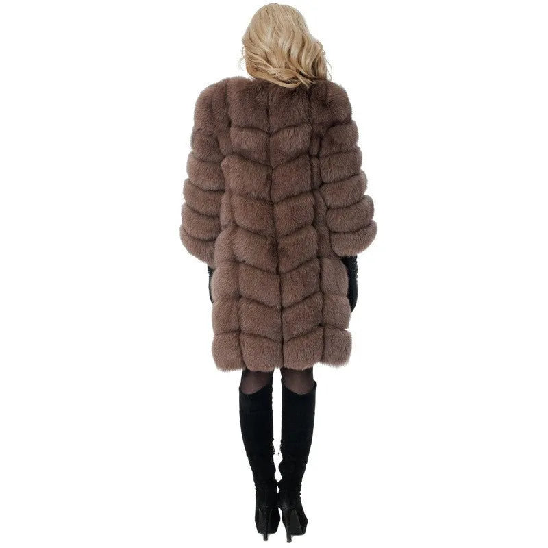 Women's long black artificial fur coat with 80cm length and regular sleeves.