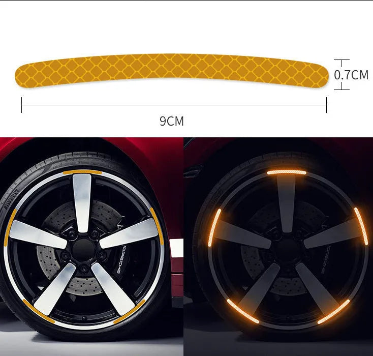 20-piece wheel hub reflective stickers in multiple colours including fluorescent, rainbow, and luminous options